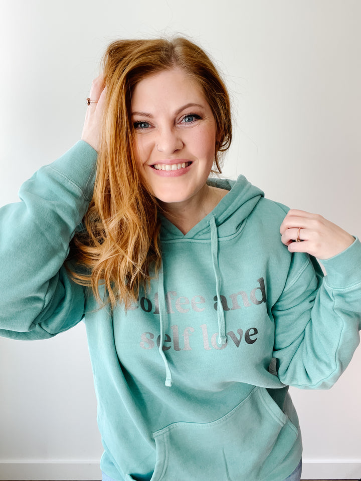 Coffee and Self Love Mint Pigment-Dyed Hoodie  |  Silver Shimmer Ink