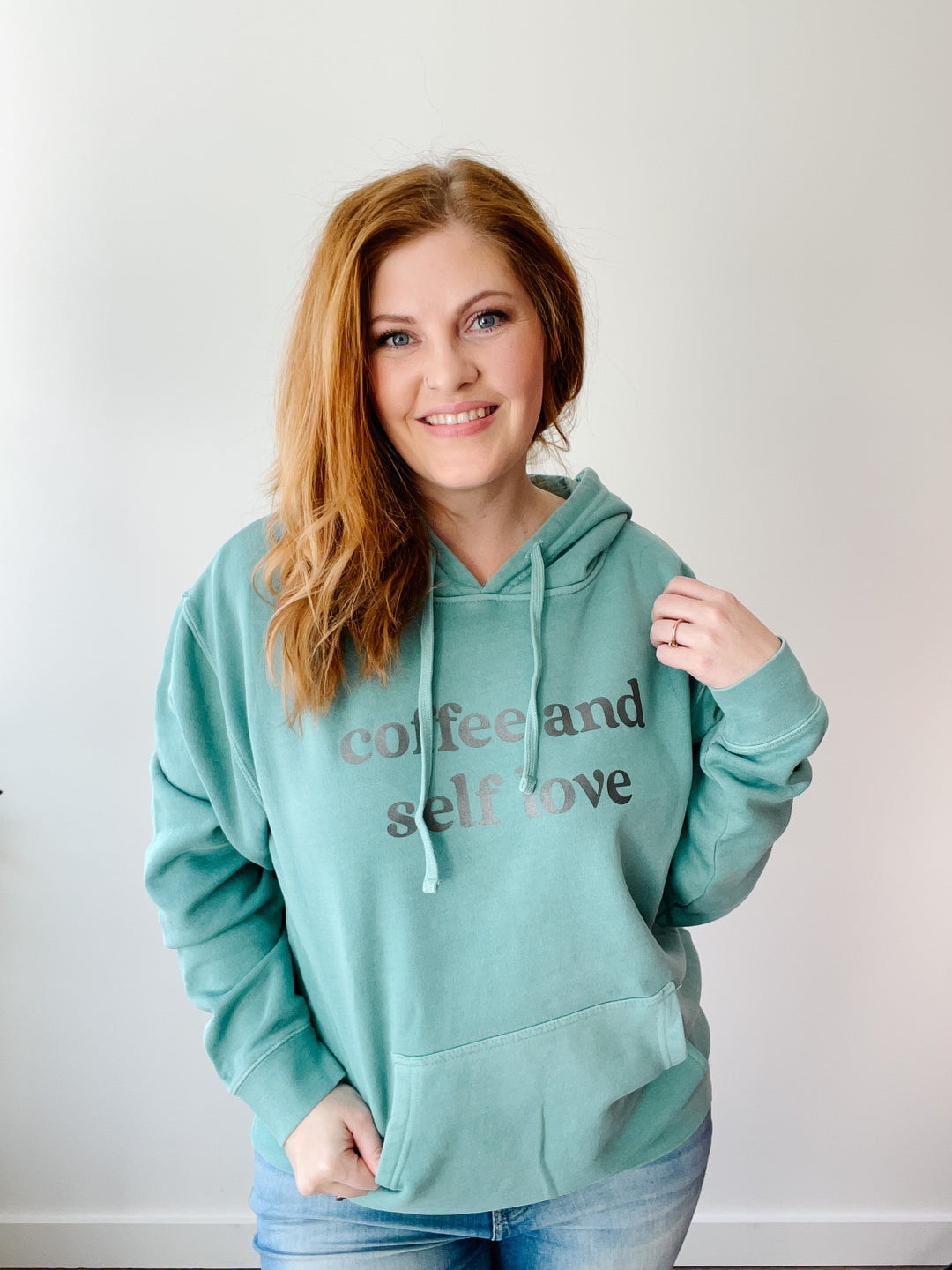 Coffee and Self Love Mint Pigment-Dyed Hoodie  |  Silver Shimmer Ink