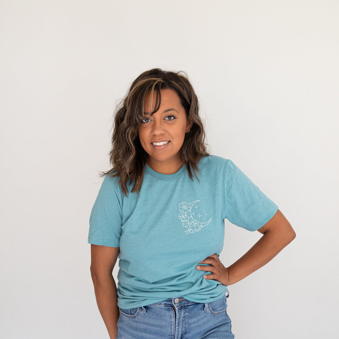 Floral Moon Heather Blue Lagoon Tee  |  White Ink