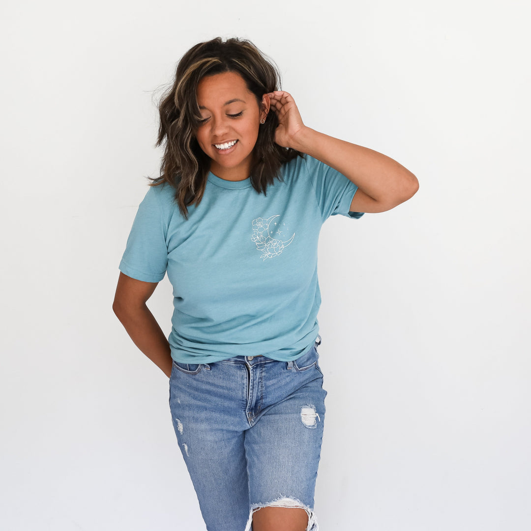 Floral Moon Heather Blue Lagoon Tee  |  White Ink