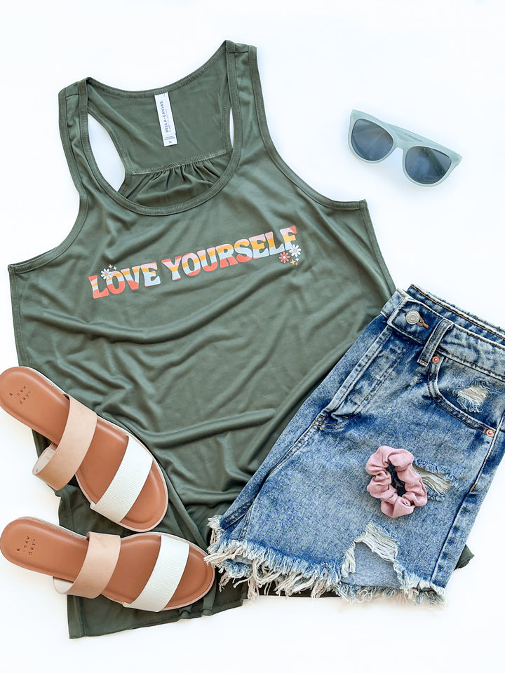 Love Yourself Military Green Flowy Tank
