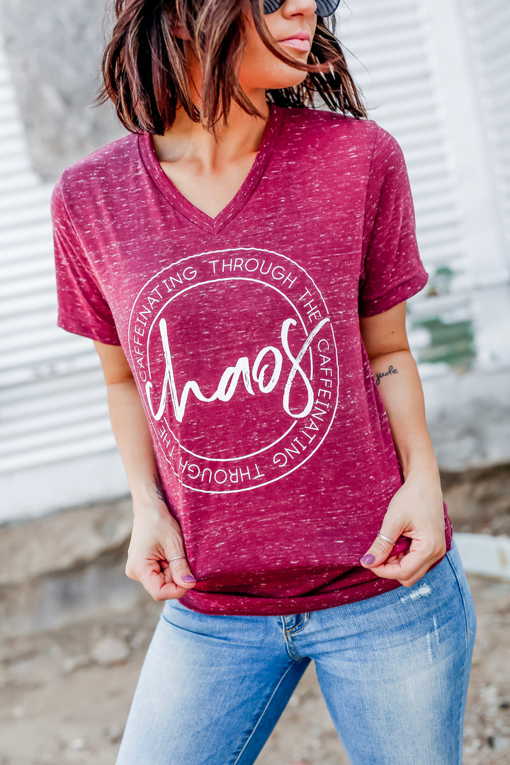 Caffeinating Through the Chaos Maroon Marble V-Neck Tee