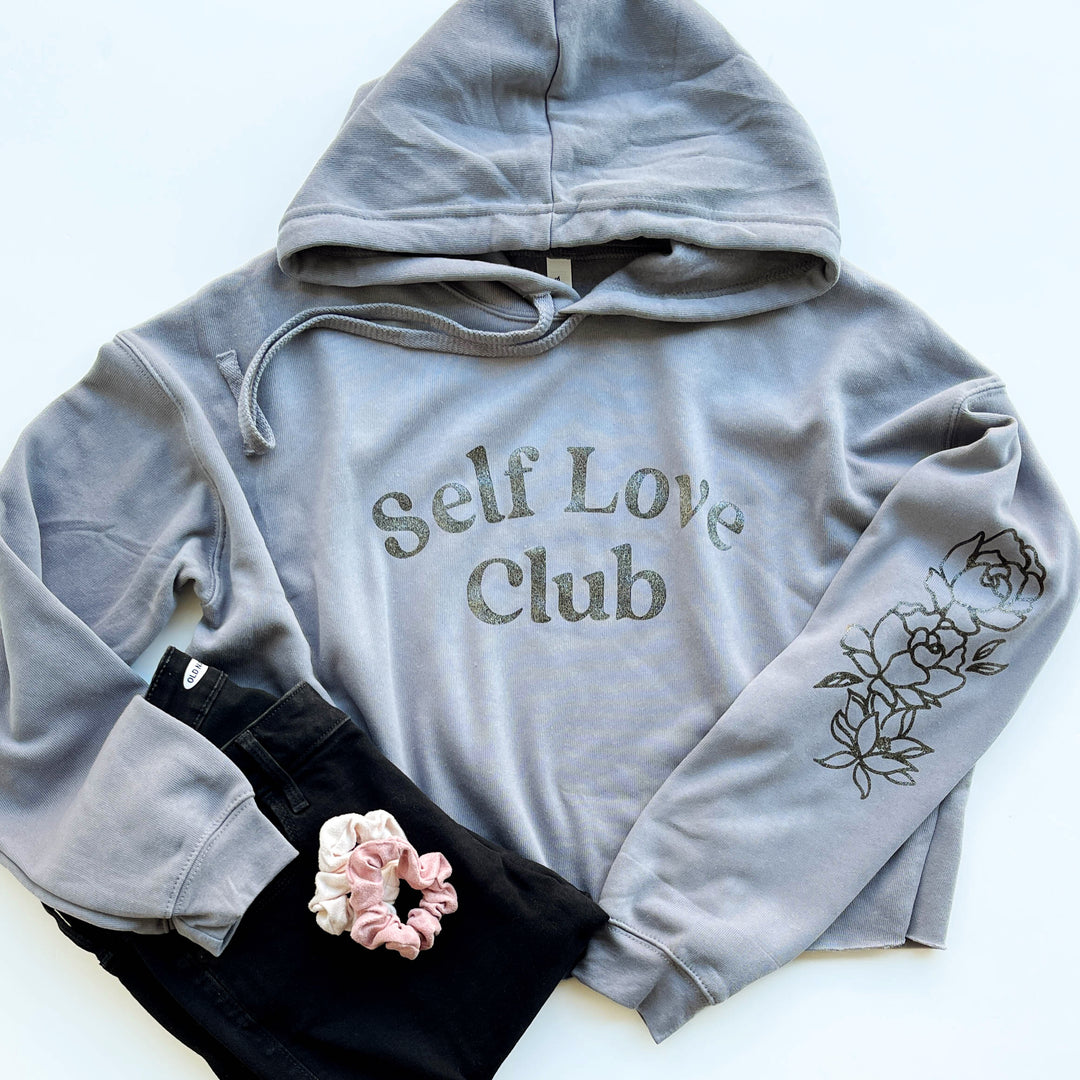 Self Love Club + Flowers Crop Hoodie |  Black Glitter Ink