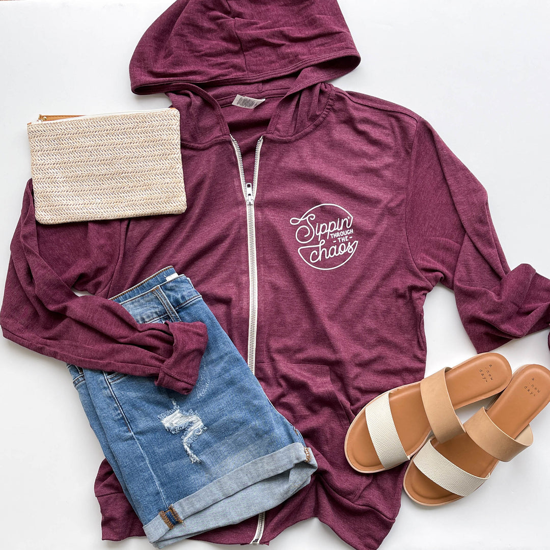 Sippin' Through the Chaos Maroon Lightweight Zip Hoodie