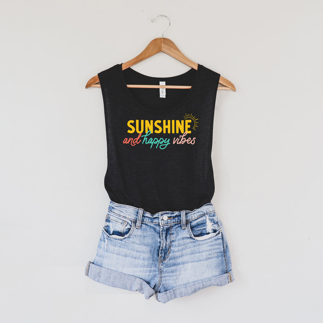 Sunshine and Happy Vibes Black Heather Muscle Tank