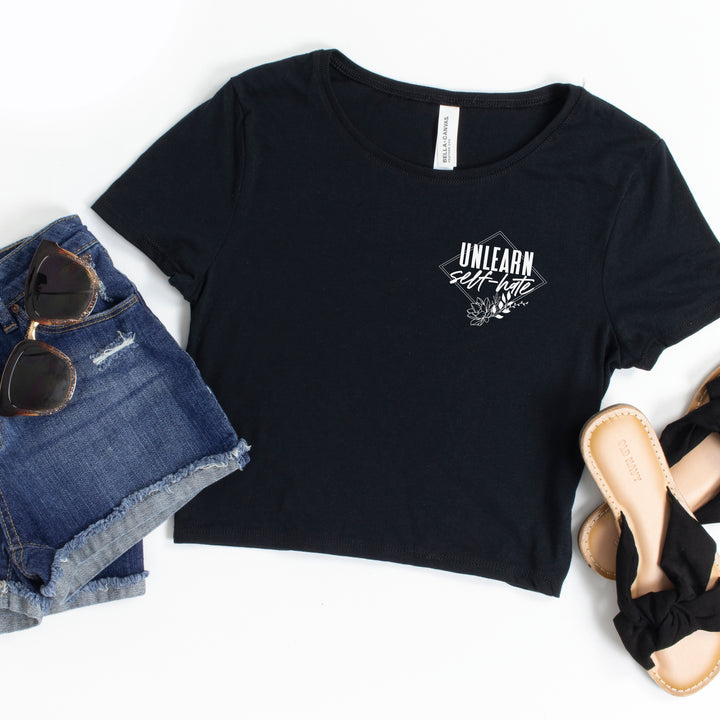 Unlearn Self Hate Black Crop Tee  |  White Ink