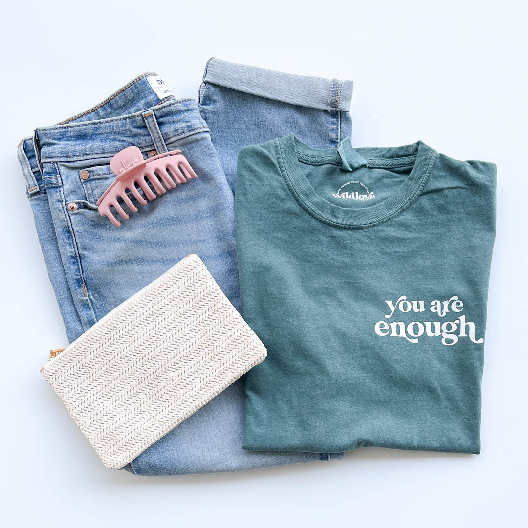 You Are Enough Blue Spruce Garment-Dyed Sleeve Tee
