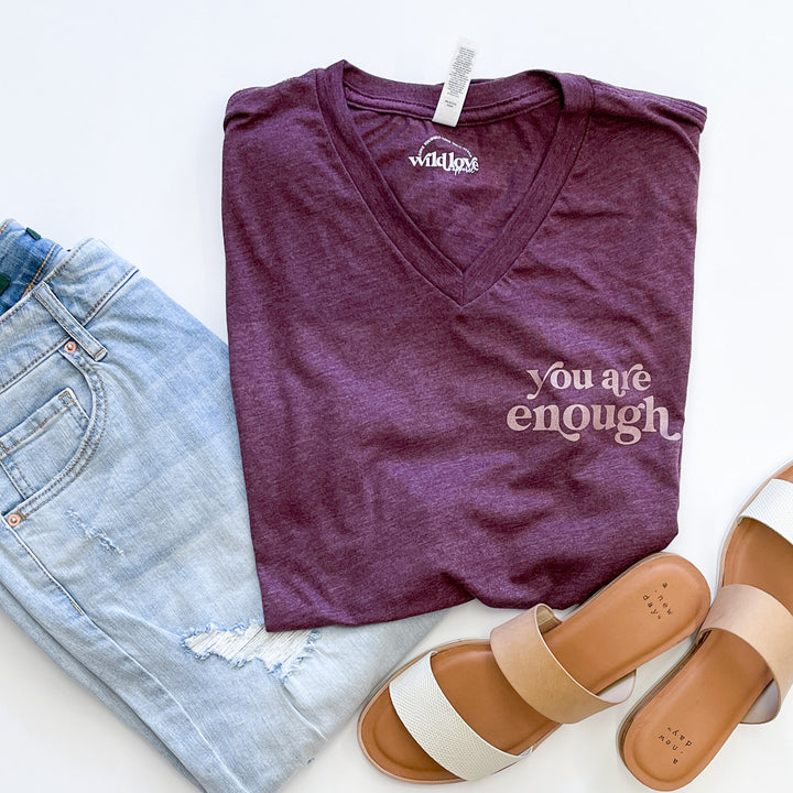 You Are Enough Maroon Triblend V-Neck Tee  |  Rose Gold Ink